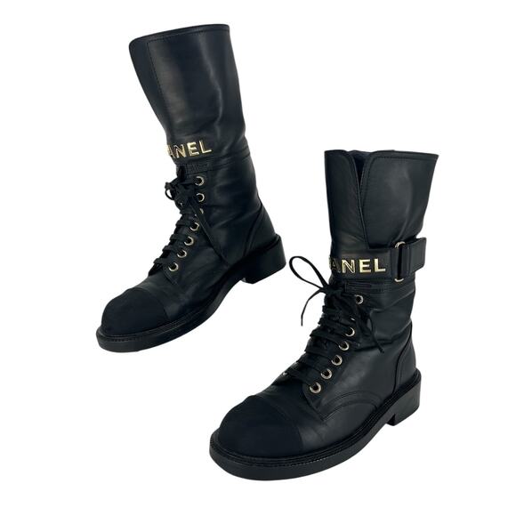 Chanel 2021 Interlocking CC Logo Leather Combat Boots - Picture 4 of 16